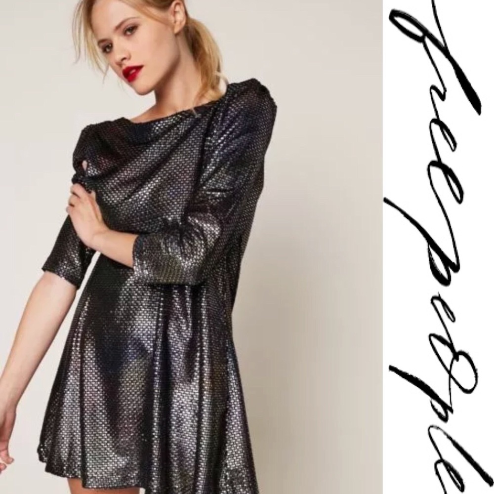 Free People Shimmering Black Silver Mini Dress